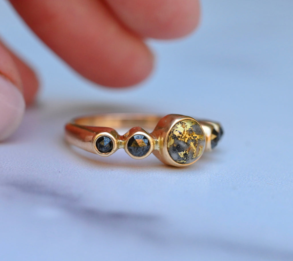 Gold in Quartz & Black Diamond 14k Gold Ring - size 7.5 Latta