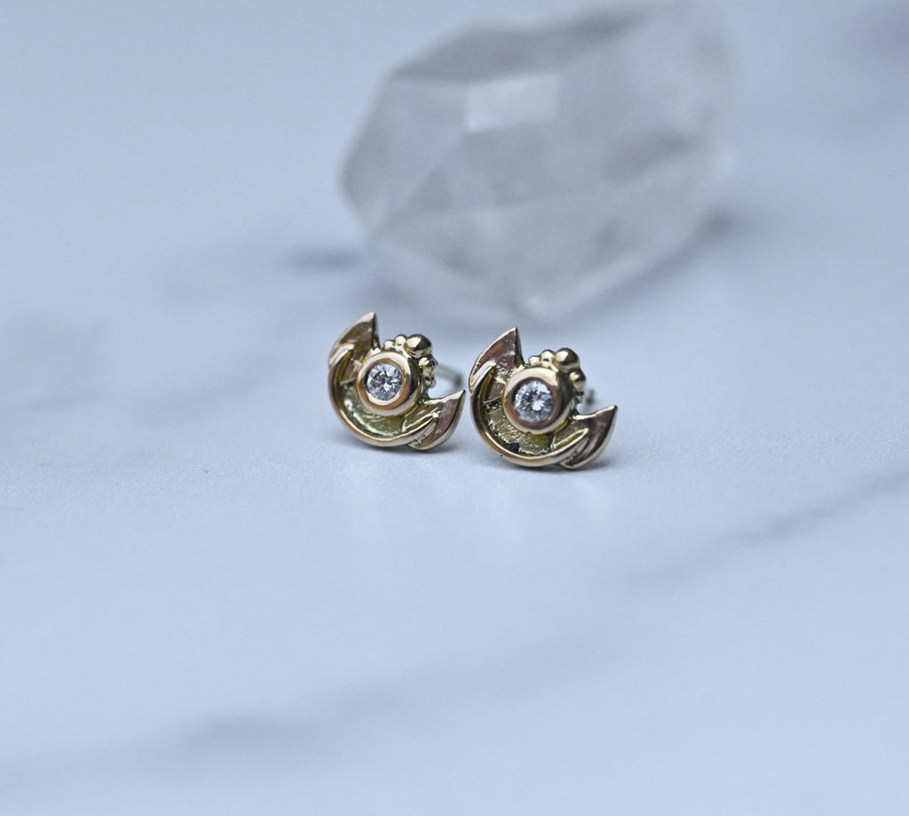  14k Gold & Diamond Double Leaf Studs Earrings