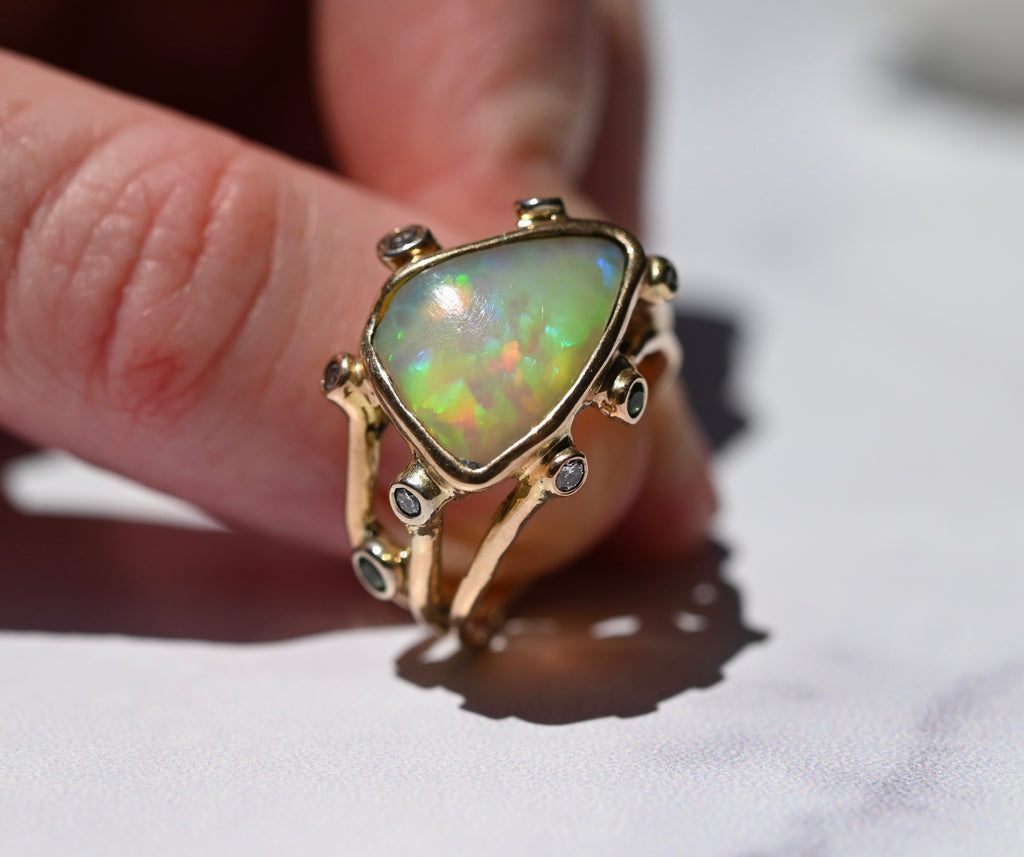  Freeform Honeycomb Opal, Diamond & Tsavorite Garnet Ring - size 7